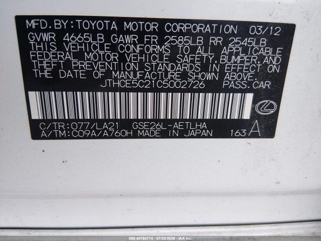 45765774 :رقم المزاد ، JTHCE5C21C5002726 vin ، 2012 Lexus Is 350 مزاد بيع