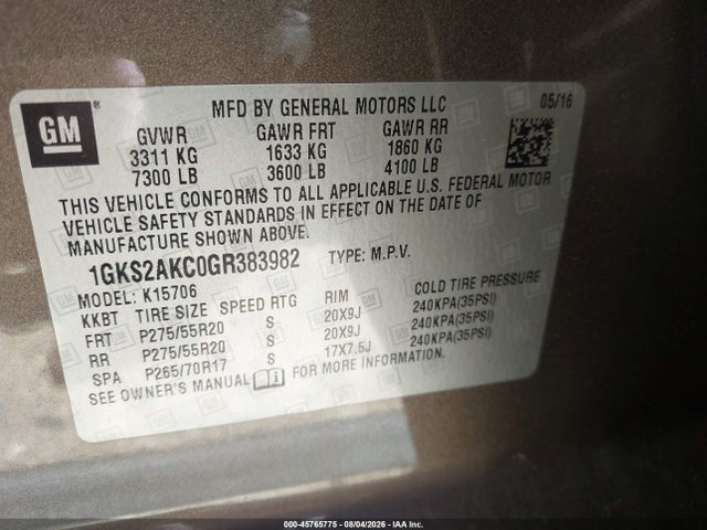 Продаж на аукціоні авто 2016 Gmc Yukon Sle, vin: 1GKS2AKC0GR383982, номер лоту: 45765775