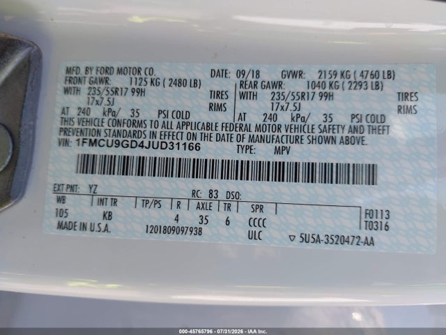 Ford ESCAPE SE 2018 1FMCU9GD4JUD31166 Image 9