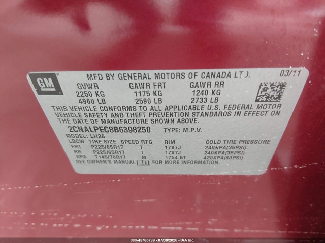 Продажа на аукционе авто 2011 Chevrolet Equinox Lt W/2lt, vin: 2CNALPEC8B6398250, номер лота: 45765798