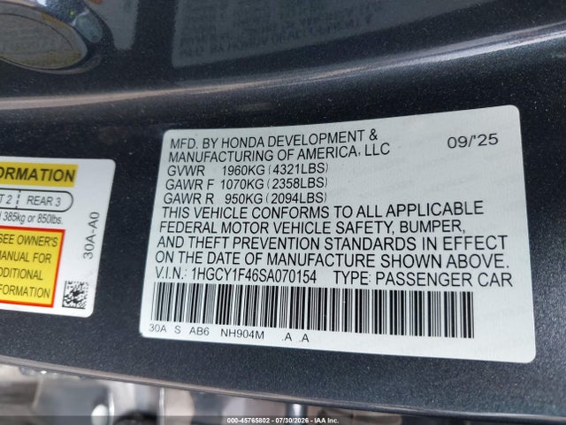 Продажа на аукционе авто 2025 Honda Accord Se, vin: 1HGCY1F46SA070154, номер лота: 45765802