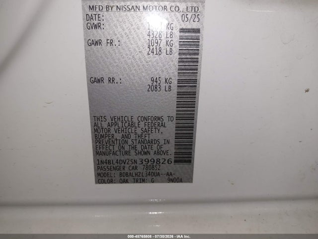 1N4BL4DV2SN399826 Nissan Altima Sv Fwd