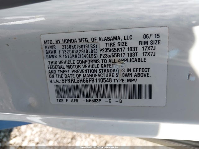 45765811 :رقم المزاد ، 5FNRL5H66FB110548 vin ، 2015 Honda Odyssey Ex-l مزاد بيع