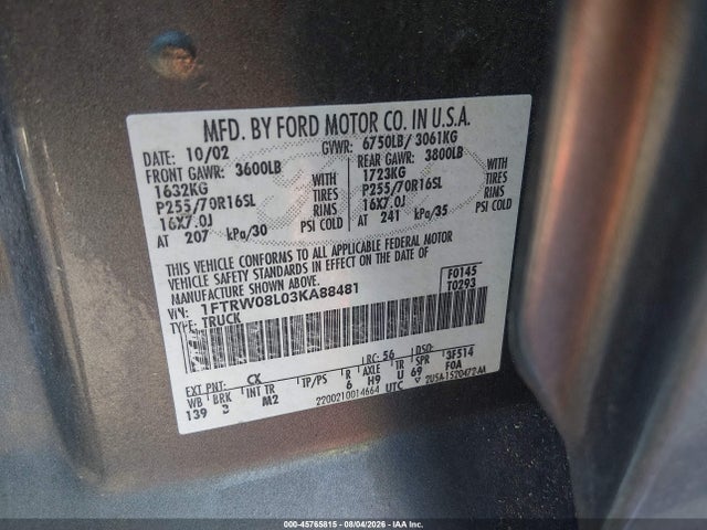 Продаж на аукціоні авто 2003 Ford F-150 Lariat/xlt, vin: 1FTRW08L03KA88481, номер лоту: 45765815