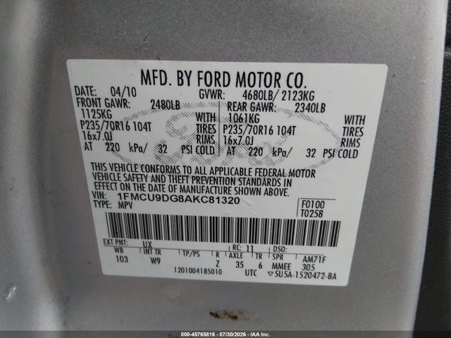 Продаж на аукціоні авто 2010 Ford Escape Xlt, vin: 1FMCU9DG8AKC81320, номер лоту: 45765816