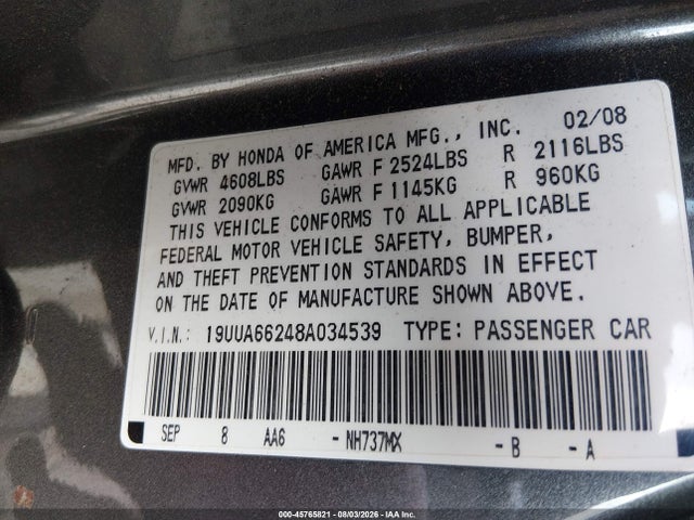Aukcja sprzedaży 2008 Acura Tl 3.2, vin: 19UUA66248A034539, numer aukcji: 45765821
