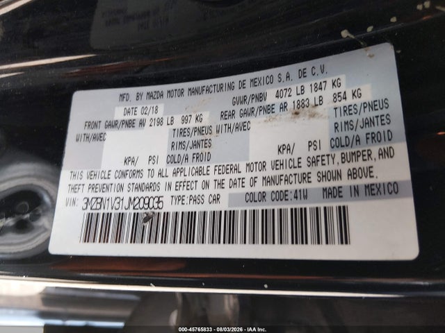 45765833 :رقم المزاد ، 3MZBN1V31JM209035 vin ، 2018 Mazda Mazda3 Touring مزاد بيع