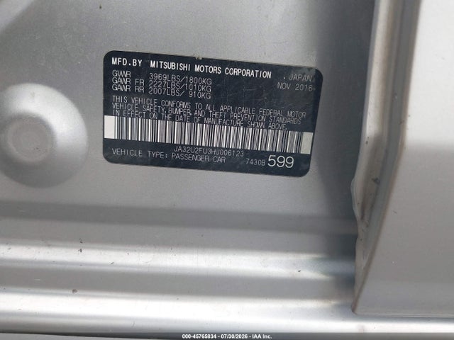 45765834 :رقم المزاد ، JA32U2FU3HU006123 vin ، 2017 Mitsubishi Lancer Es مزاد بيع