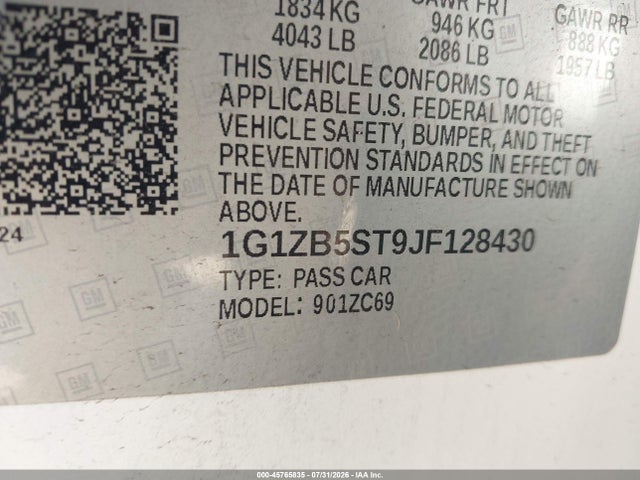 45765835 :رقم المزاد ، 1G1ZB5ST9JF128430 vin ، 2018 Chevrolet Malibu 1ls مزاد بيع