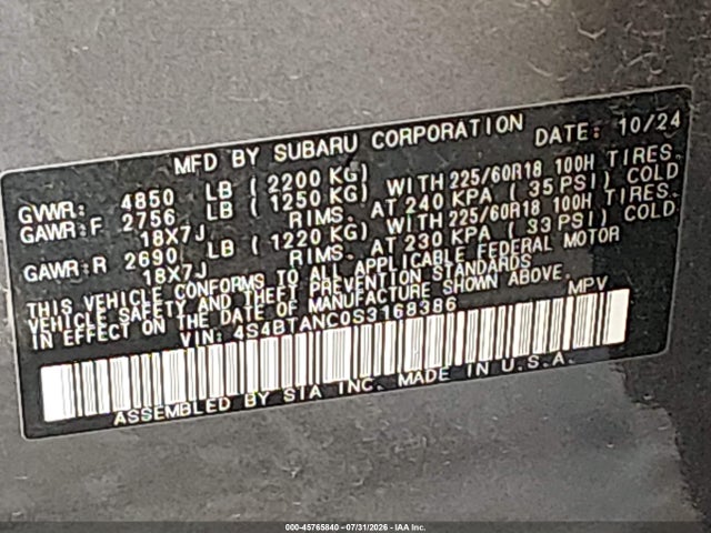 Aukcja sprzedaży 2025 Subaru Outback Limited, vin: 4S4BTANC0S3168386, numer aukcji: 45765840