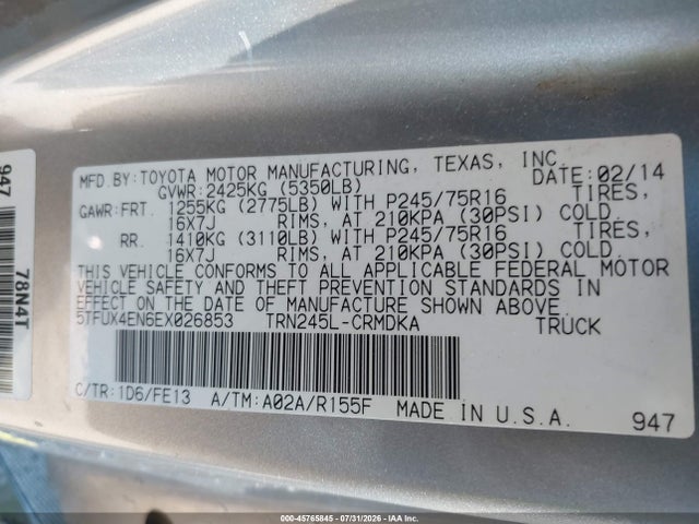 45765845 :رقم المزاد ، 5TFUX4EN6EX026853 vin ، 2014 Toyota Tacoma مزاد بيع