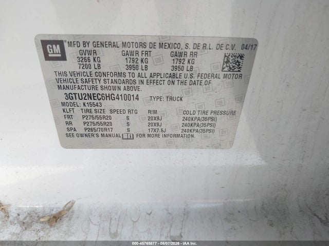 Aukcja sprzedaży 2017 Gmc Sierra 1500 Slt, vin: 3GTU2NEC6HG410014, numer aukcji: 45765877