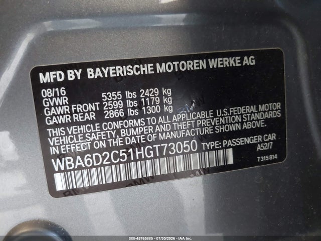 Продажа на аукционе авто 2017 Bmw 640i Gran Coupe Xdrive, vin: WBA6D2C51HGT73050, номер лота: 45765885