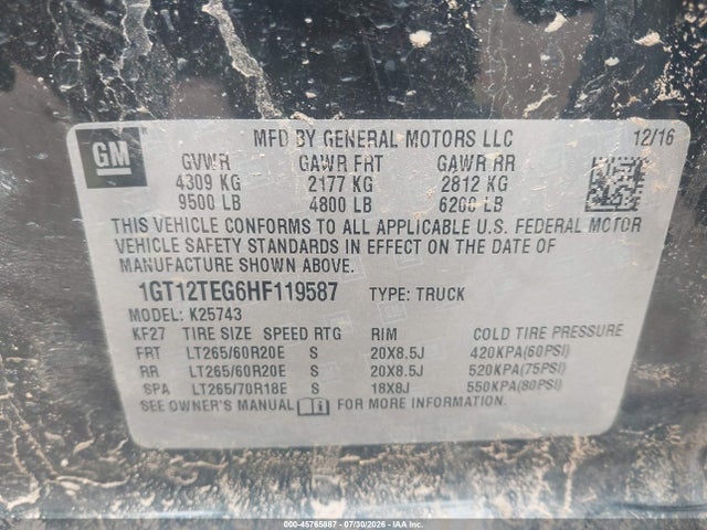 45765887 :رقم المزاد ، 1GT12TEG6HF119587 vin ، 2017 Gmc Sierra 2500hd Slt مزاد بيع