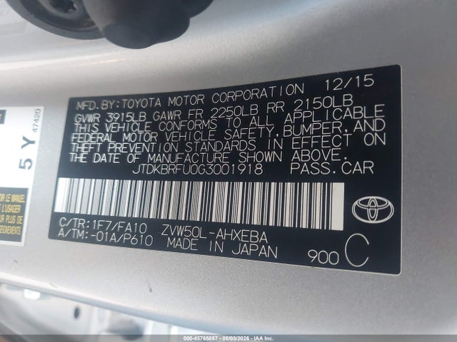 2016 Toyota Prius Two მანქანა იყიდება აუქციონზე, vin: JTDKBRFU0G3001918, აუქციონის ნომერი: 45765897