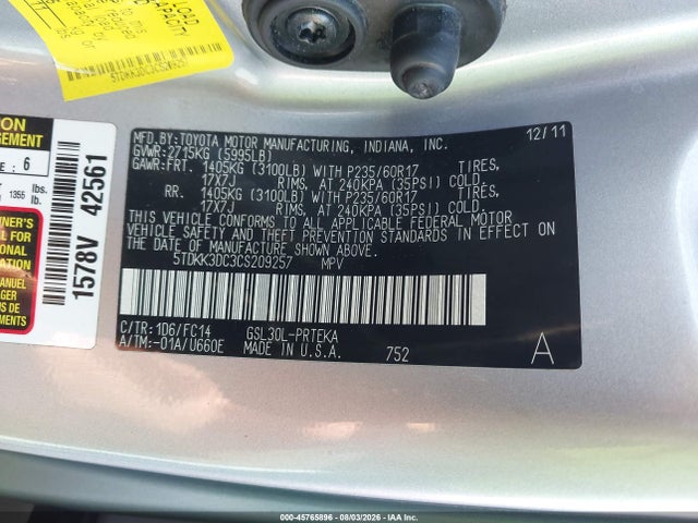 45765896 :رقم المزاد ، 5TDKK3DC3CS209257 vin ، 2012 Toyota Sienna Le V6 8 Passenger مزاد بيع