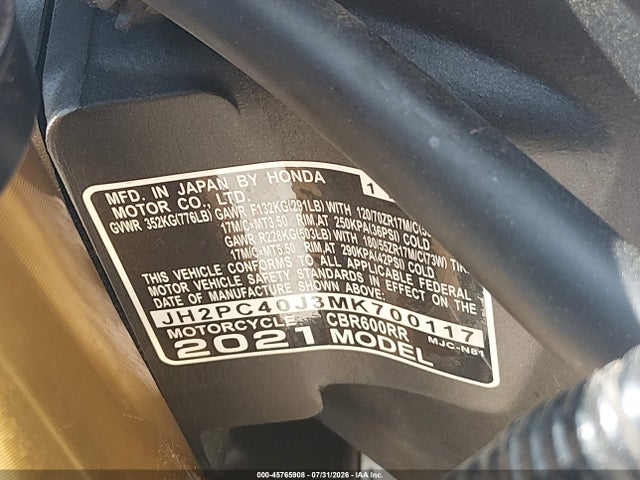 Honda Cbr600 Rr 2021 JH2PC40J3MK700117 Image 10
