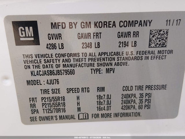 45765913 :رقم المزاد ، KL4CJASB6JB579560 vin ، 2018 Buick Encore Preferred مزاد بيع
