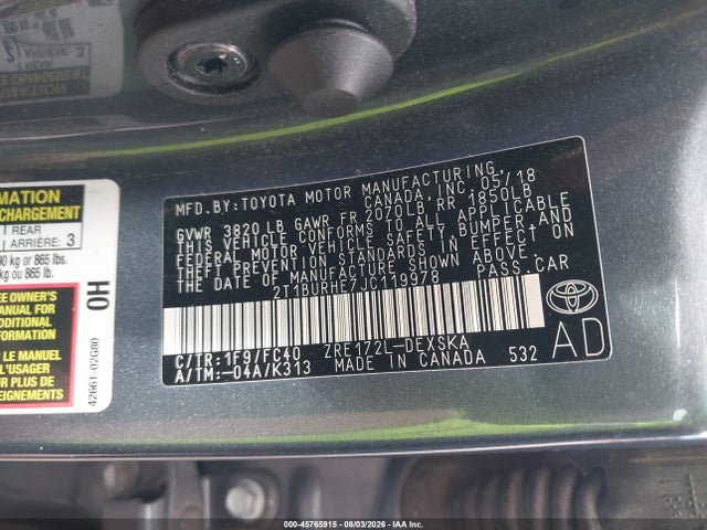 Продажа на аукционе авто 2018 Toyota Corolla Se, vin: 2T1BURHE7JC119978, номер лота: 45765915