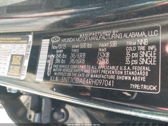 Aukcja sprzedaży 2024 Hyundai Santa Cruz Sel, vin: 5NTJCDAE4RH097041, numer aukcji: 45765920