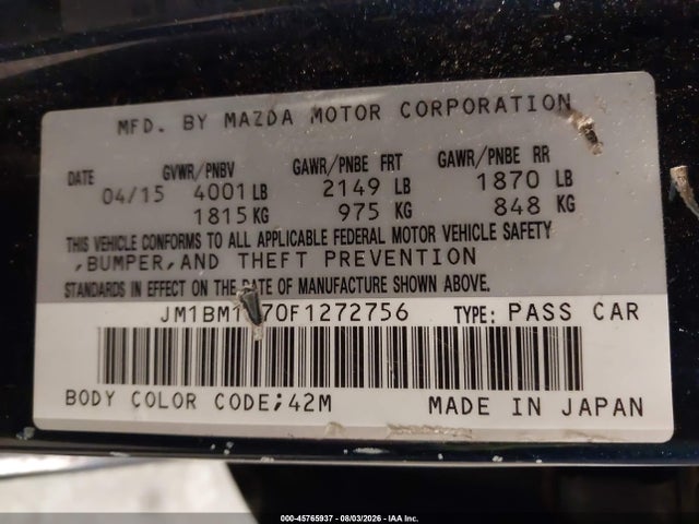 Aukcja sprzedaży 2015 Mazda Mazda3 I Sv, vin: JM1BM1T70F1272756, numer aukcji: 45765937