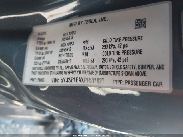 Продаж на аукціоні авто 2023 Tesla Model 3 Rear-wheel Drive, vin: 5YJ3E1EAXPF511927, номер лоту: 45765956