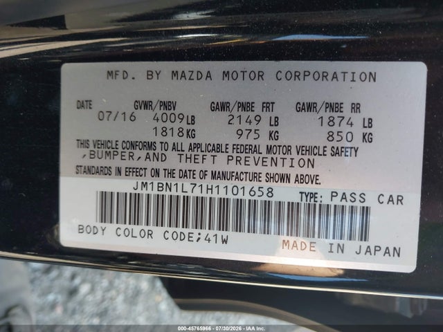 2017 Mazda Mazda3 Touring მანქანა იყიდება აუქციონზე, vin: JM1BN1L71H1101658, აუქციონის ნომერი: 45765966