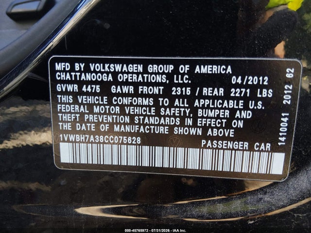 2012 Volkswagen Passat 2.5l Se მანქანა იყიდება აუქციონზე, vin: 1VWBH7A38CC075628, აუქციონის ნომერი: 45765972