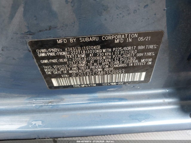 45765974 :رقم المزاد ، JF2GTAEC9MH358883 vin ، 2021 Subaru Crosstrek Premium مزاد بيع
