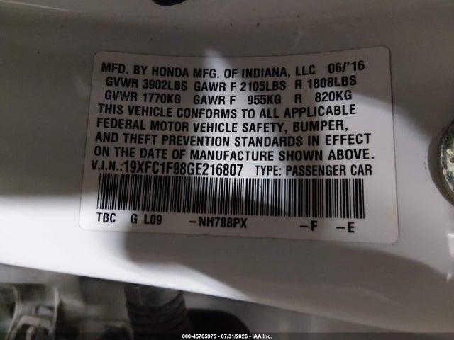 19XFC1F98GE216807 Honda Civic Touring