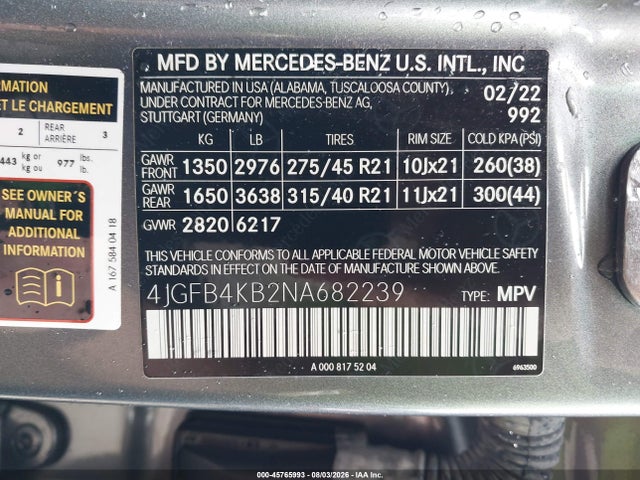45765993 :رقم المزاد ، 4JGFB4KB2NA682239 vin ، 2022 Mercedes-benz Gle 350 4matic مزاد بيع