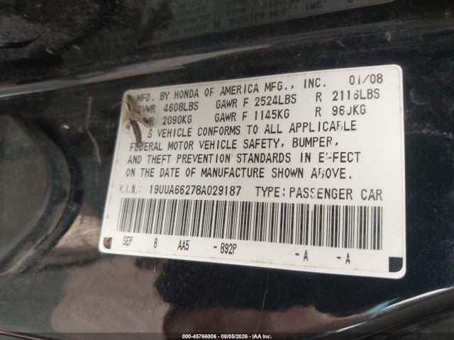 2008 Acura Tl 3.2 მანქანა იყიდება აუქციონზე, vin: 19UUA66278A029187, აუქციონის ნომერი: 45766006
