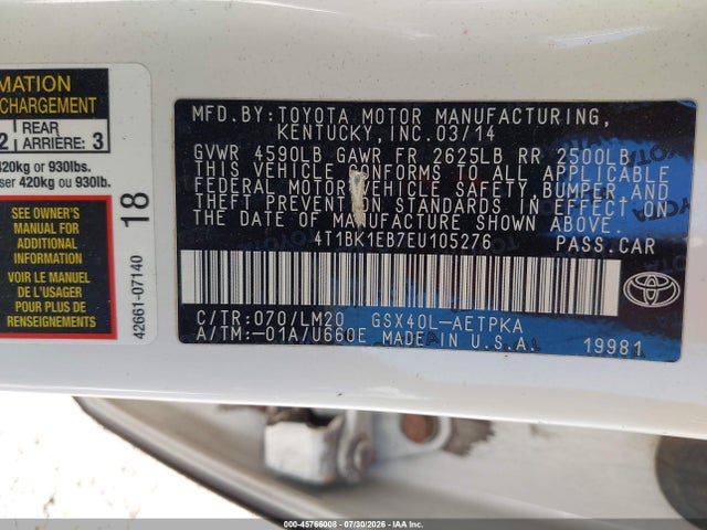 Toyota AVALON LIMITED 2014 4T1BK1EB7EU105276 Image 9