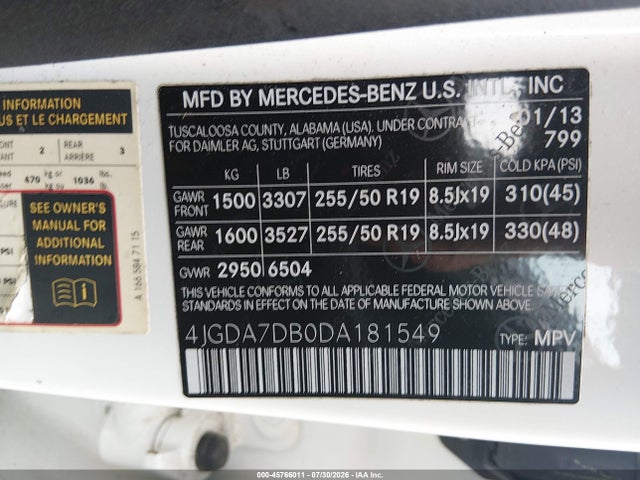 Продажа на аукционе авто 2013 Mercedes-benz Ml 550 4matic, vin: 4JGDA7DB0DA181549, номер лота: 45766011