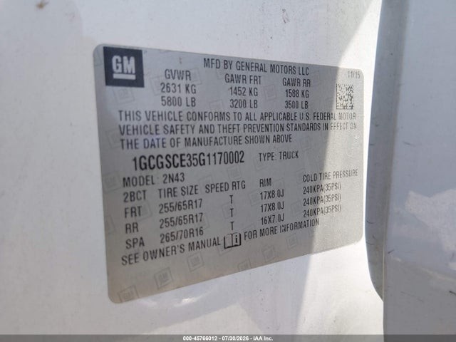 Продажа на аукционе авто 2016 Chevrolet Colorado 2wd Lt, vin: 1GCGSCE35G1170002, номер лота: 45766012