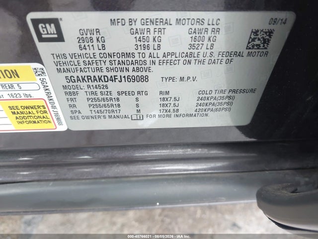 45766021 :رقم المزاد ، 5GAKRAKD4FJ169088 vin ، 2015 Buick Enclave Convenience مزاد بيع