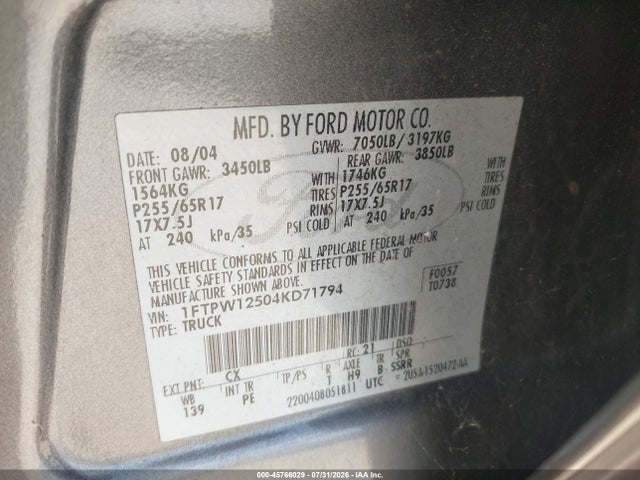 45766029 :رقم المزاد ، 1FTPW12504KD71794 vin ، 2004 Ford F-150 Lariat/xlt مزاد بيع