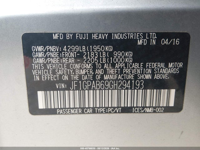 Aukcja sprzedaży 2016 Subaru Impreza 2.0i Premium, vin: JF1GPAB69GH294193, numer aukcji: 45766030