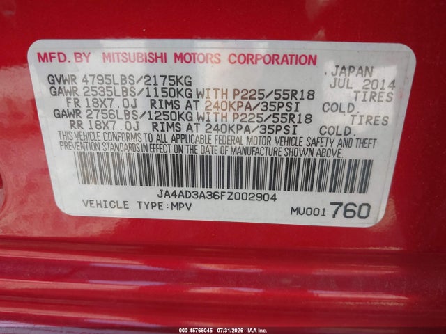 Aukcja sprzedaży 2015 Mitsubishi Outlander Se, vin: JA4AD3A36FZ002904, numer aukcji: 45766045