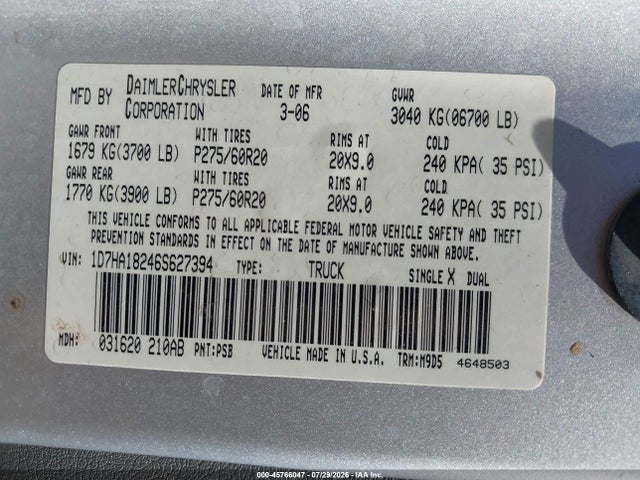 2006 Dodge Ram 1500 Slt მანქანა იყიდება აუქციონზე, vin: 1D7HA18246S627394, აუქციონის ნომერი: 45766047