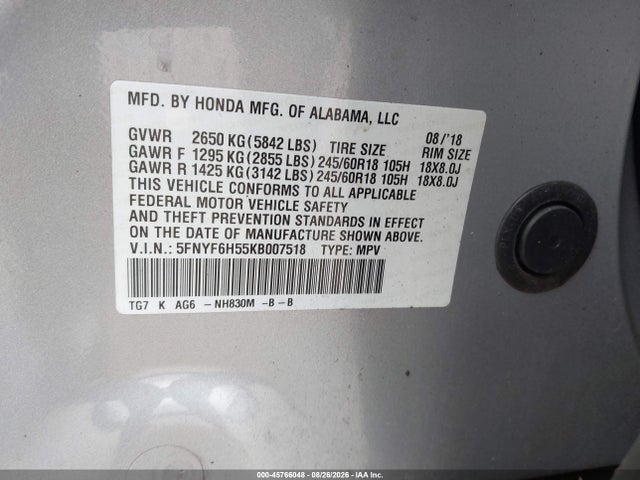 Honda Pilot Ex-l 2019 5FNYF6H55KB007518 Image 9