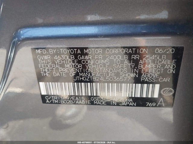 45766051 :رقم المزاد ، JTHGZ1B24L5036577 vin ، 2020 Lexus Is 350 مزاد بيع
