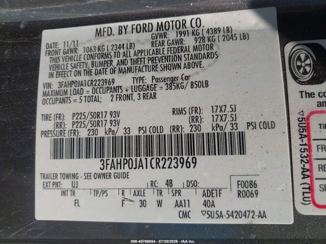 Продажа на аукционе авто 2012 Ford Fusion Sel, vin: 3FAHP0JA1CR223969, номер лота: 45766054