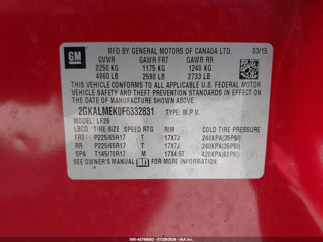 Продажа на аукционе авто 2015 Gmc Terrain Sle-1, vin: 2GKALMEK0F6332831, номер лота: 45766063