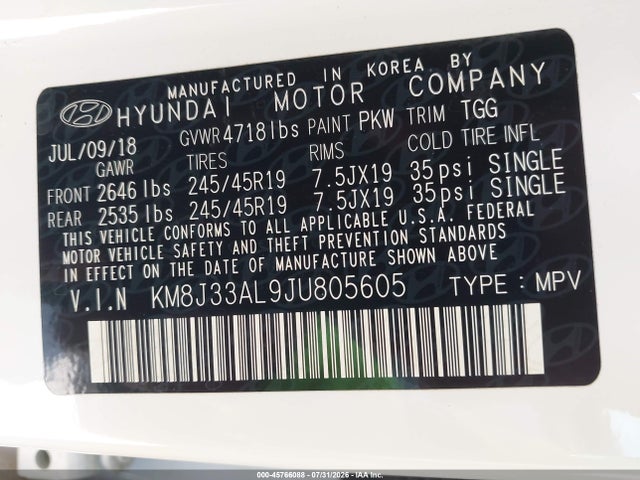 2018 Hyundai Tucson Sport მანქანა იყიდება აუქციონზე, vin: KM8J33AL9JU805605, აუქციონის ნომერი: 45766088
