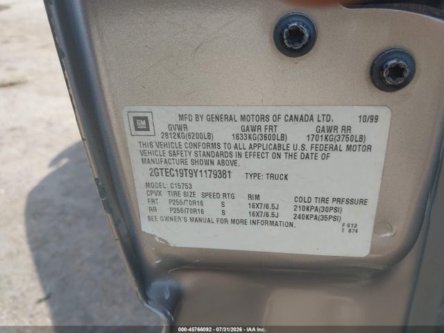 Aukcja sprzedaży 2000 Gmc Sierra 1500 Sle, vin: 2GTEC19T9Y1179381, numer aukcji: 45766092