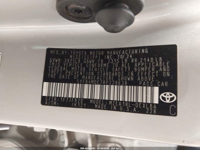Продажа на аукционе авто 2024 Toyota Corolla Le, vin: 5YFB4MDE7RP228638, номер лота: 45766093