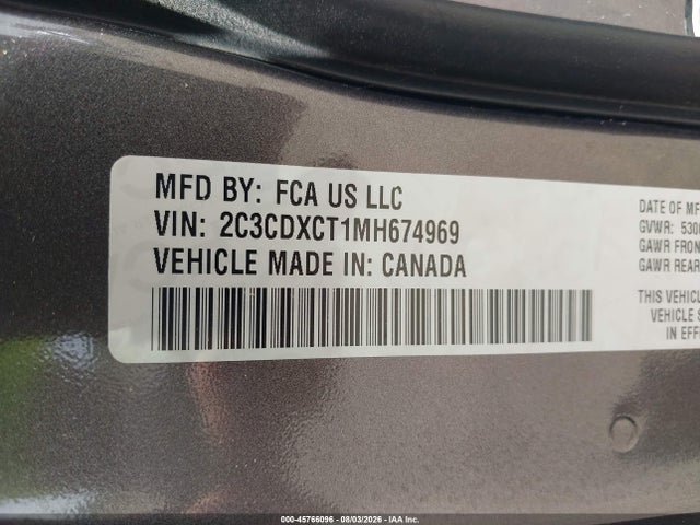 2021 Dodge Charger R/t Rwd მანქანა იყიდება აუქციონზე, vin: 2C3CDXCT1MH674969, აუქციონის ნომერი: 45766096