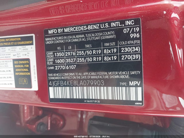 Aukcja sprzedaży 2020 Mercedes-benz Gle 350 4matic, vin: 4JGFB4KE8LA079903, numer aukcji: 45766102
