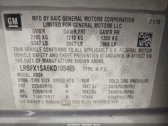 45766107 :رقم المزاد ، LRBFX1SA6KD105489 vin ، 2019 Buick Envision Awd Preferred مزاد بيع
